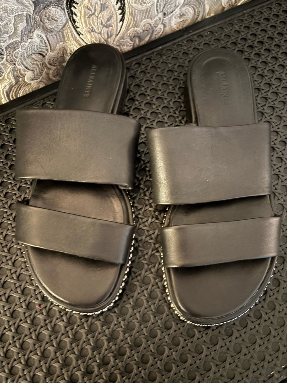 All Saints Sleek Black Double-Strap Slide Sandals